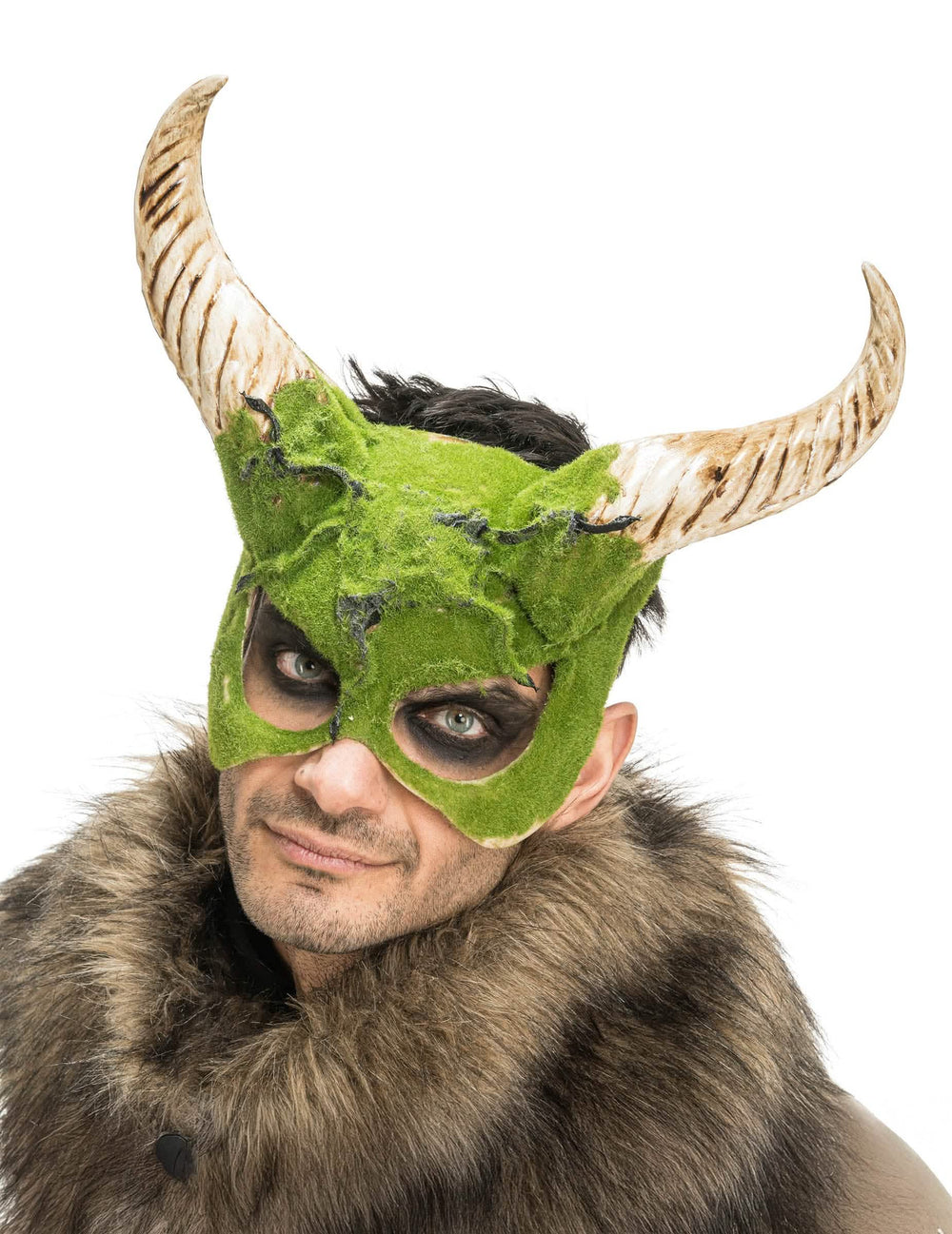 Demi masque de Bête à cornes pour adulte vert avec effet mousse