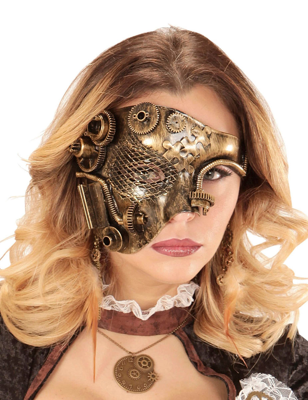 Jumătate de mască steampunk pentru adult aurie cu roți dințate