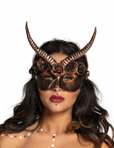 Demi masque sexy Steampunk pour adulte couleur bronze avec cornes et roses