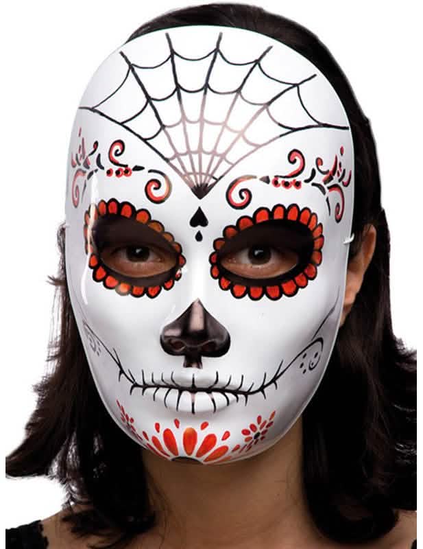 Mască Dia de los Muertos pentru adult alb cu motive roșii și negre