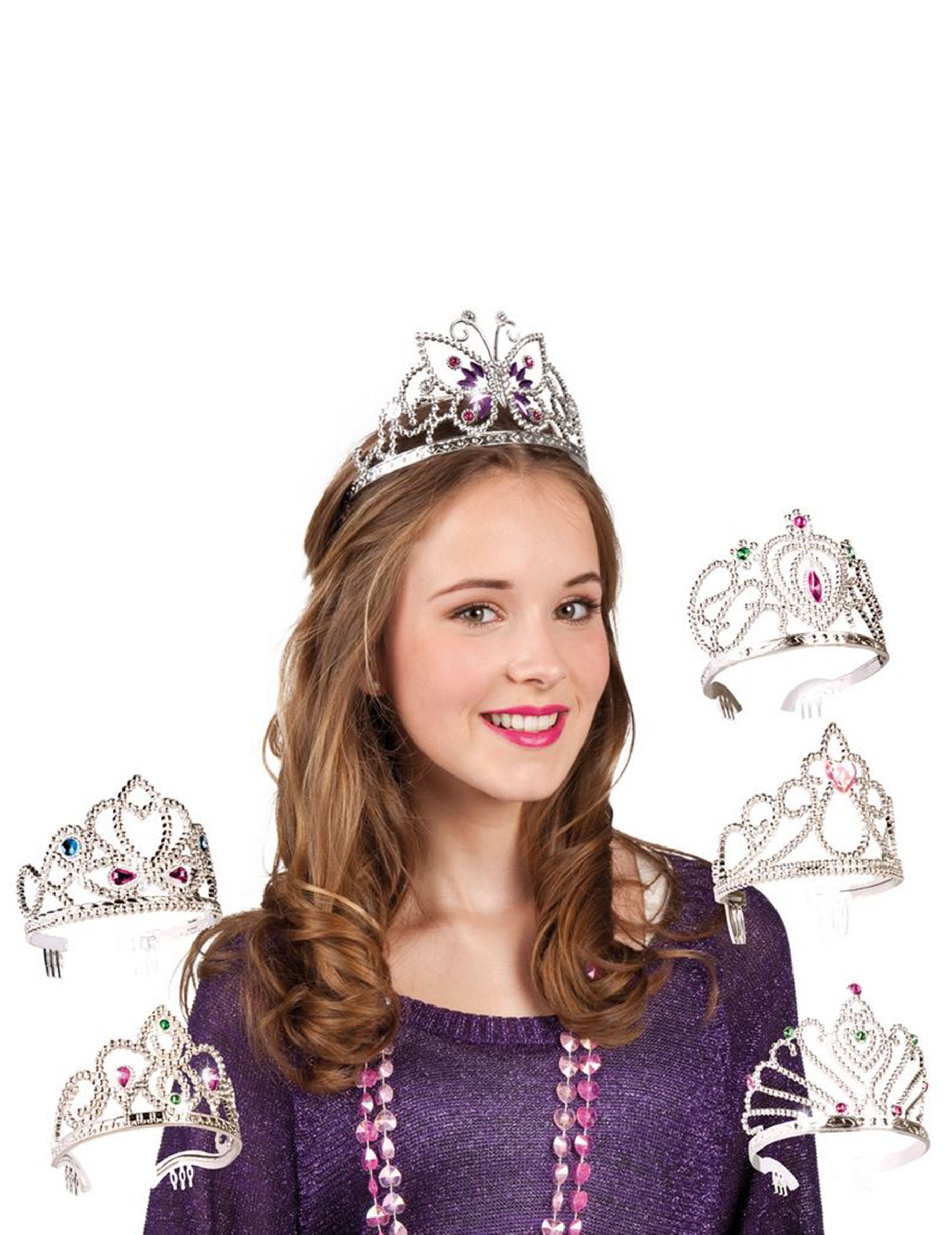 Tiara de prințesă pentru copii argintie cu pietre colorate