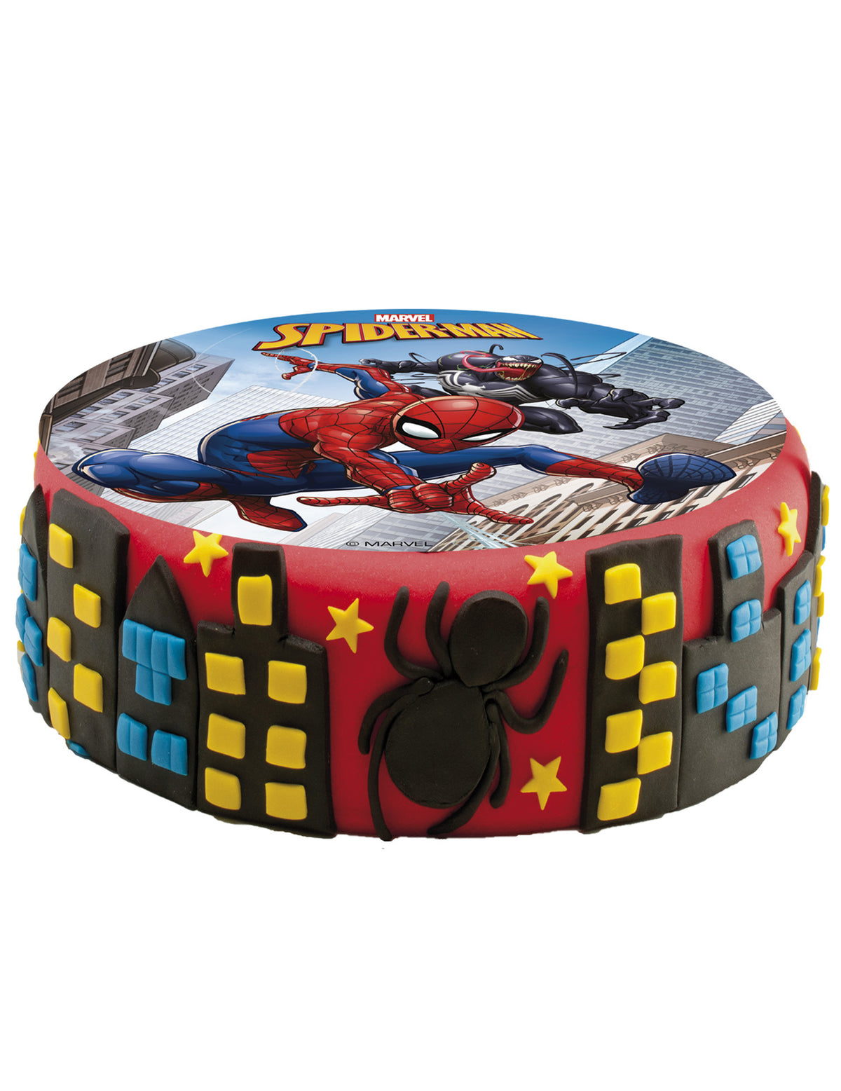 Vue d'ensemble du gâteau décoré avec le disque azyme Spiderman