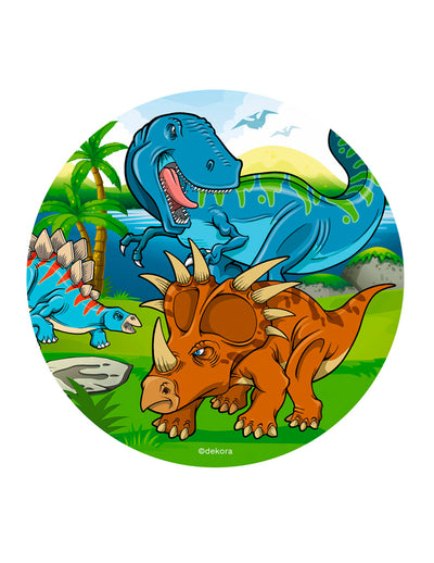 Disque en azyme dinosaures pour gâteau bleu et orange avec T-Rex