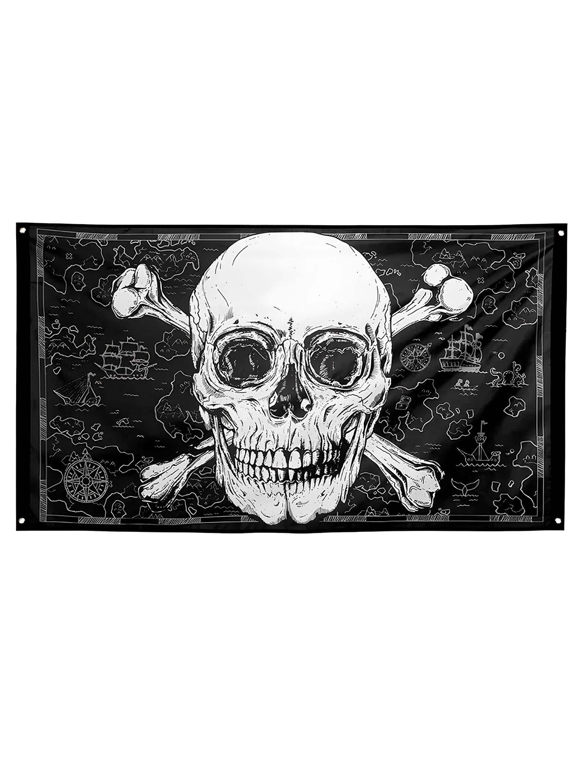 Steag de pirat Jolly Roger pentru decorațiuni alb și negru cu motiv hartă a comorii