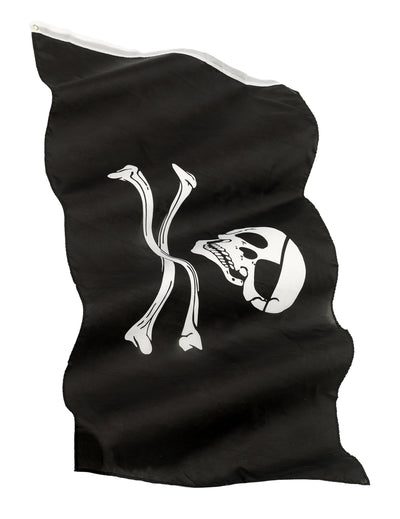 Drapeau pirate noir avec tête de mort de profil et os blancs