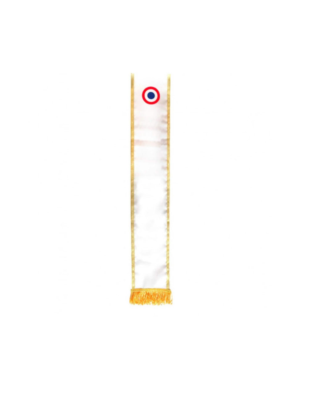 Detaliu al cocardei și al franjurilor aurii ale Echarpei tricolore vierge