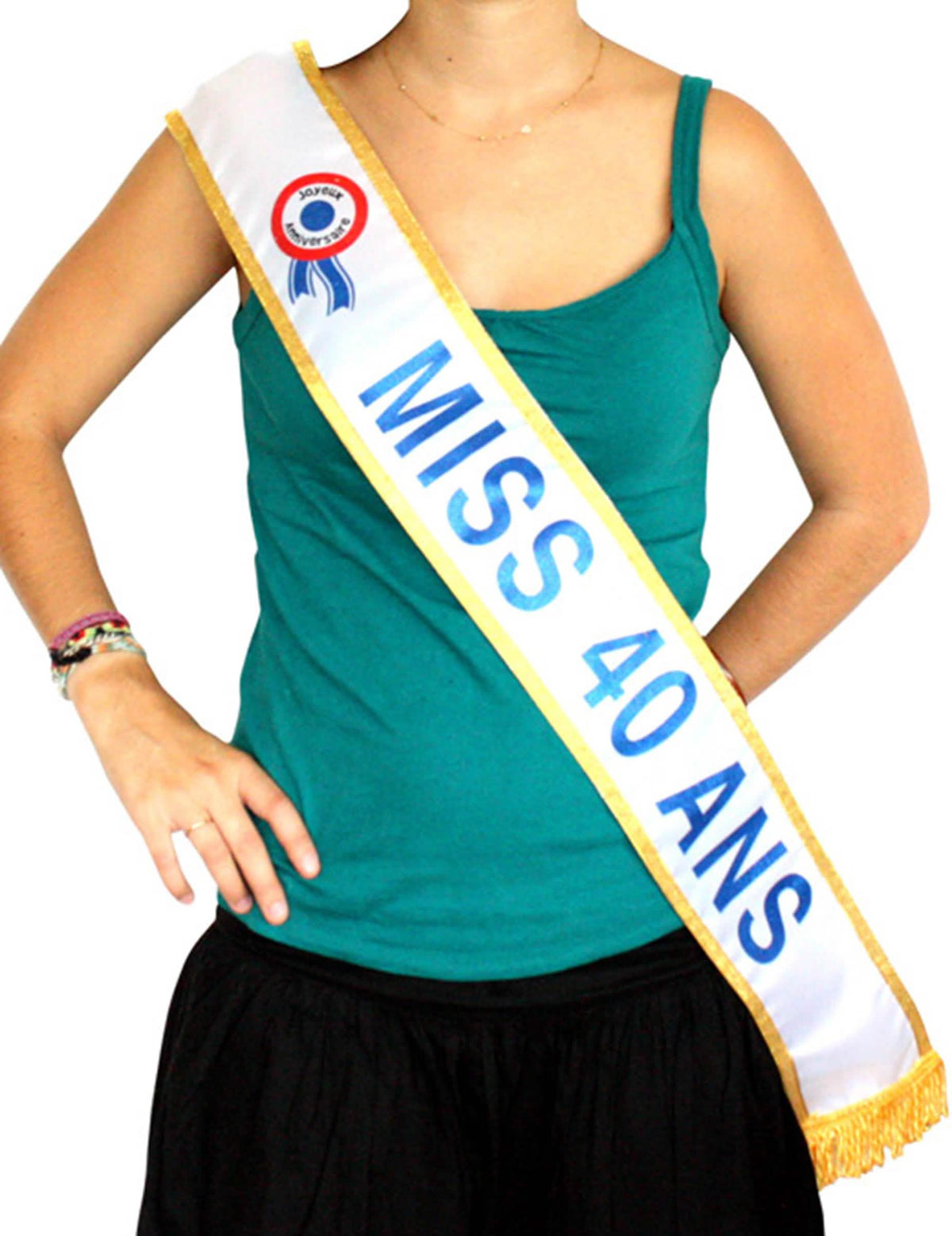 Eșarfă Miss 40 ani pentru femeie albă și aurie cu text albastru