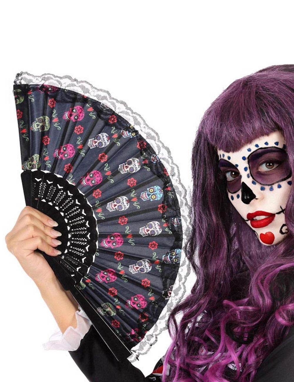 Evantai dantelat Dia de los muertos pentru adult negru cu motive cu cranii colorate