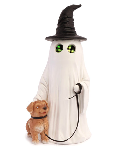 Fantôme décoratif Summerween en résine avec chapeau pointu chien et yeux LED animés 23,5 x 20 x 45,5 cm