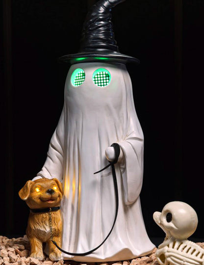 Fantôme décoratif Summerween en résine avec chapeau pointu chien et yeux LED animés 23,5 x 20 x 45,5 cm