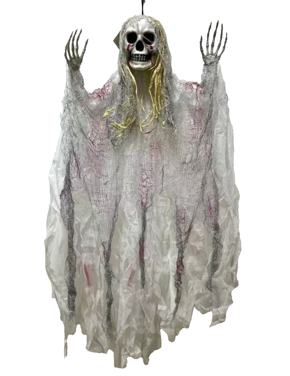 Faucheur sanglant suspendu pour Halloween blanc et gris avec mains de squelette ensanglantées