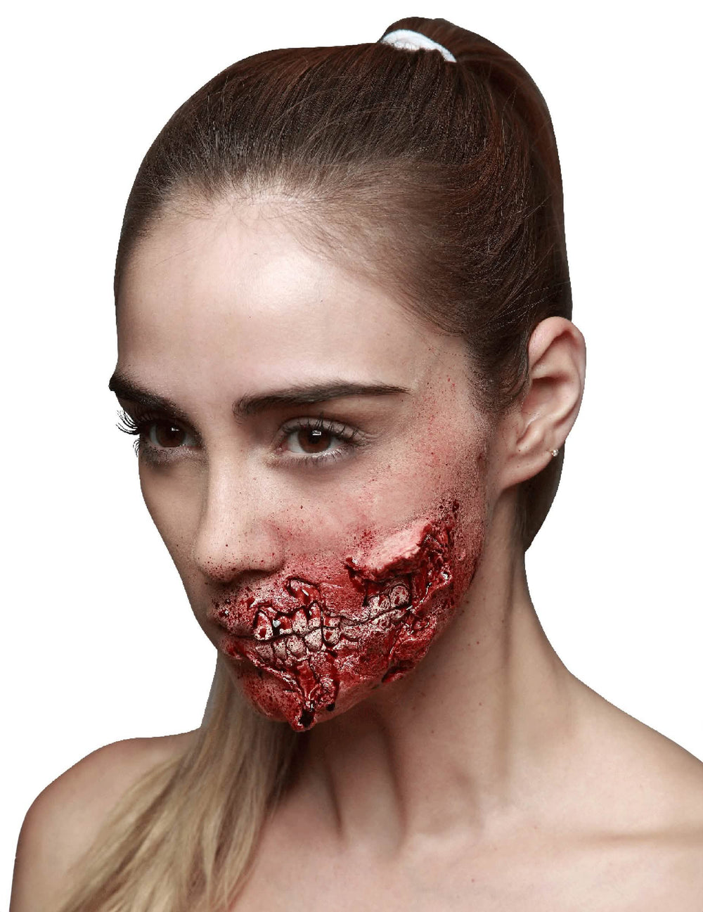 Falsă rană cu dinți la vedere pentru adult halloween roșie și însângerată