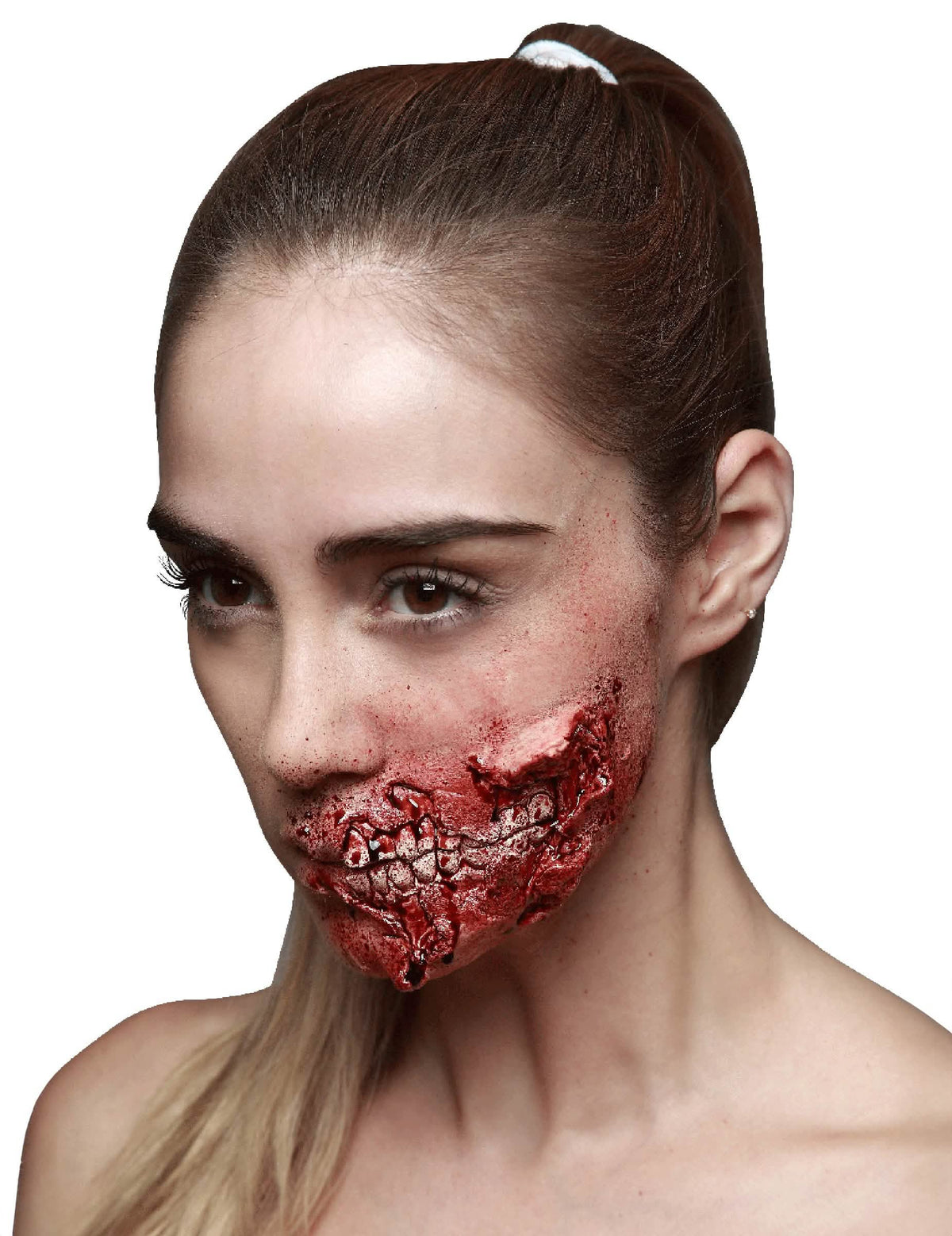 Falsă rană cu dinți la vedere pentru adult halloween roșie și însângerată