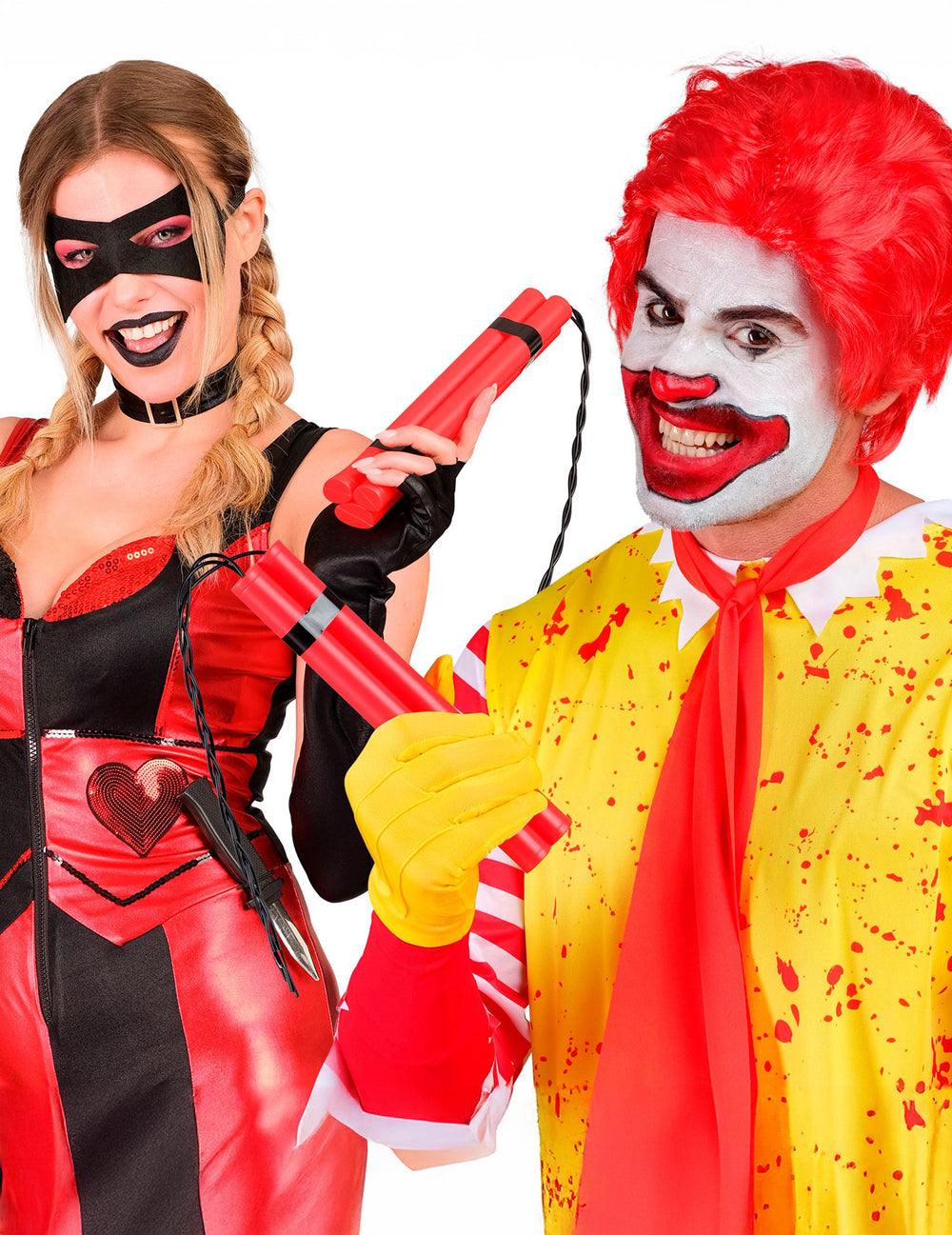 Mise en situation par un clown et une arlequine de la fausse dynamite pour adulte