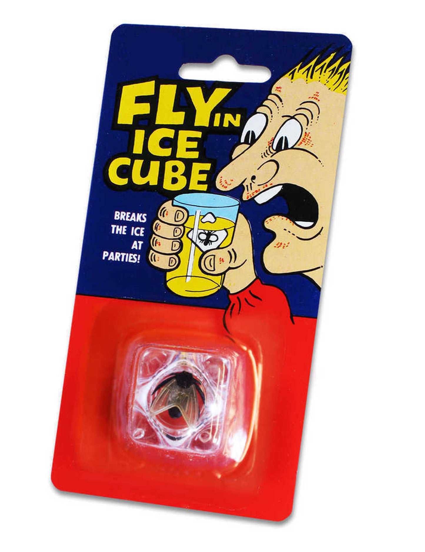 Vue de l'emballage du faux glaçon avec mouche farces et attrapes