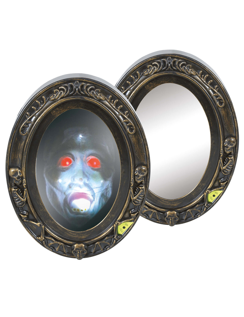 Faux miroir sonore et lumineux Halloween pour décoration doré vieilli avec visage hanté aux yeux rouges