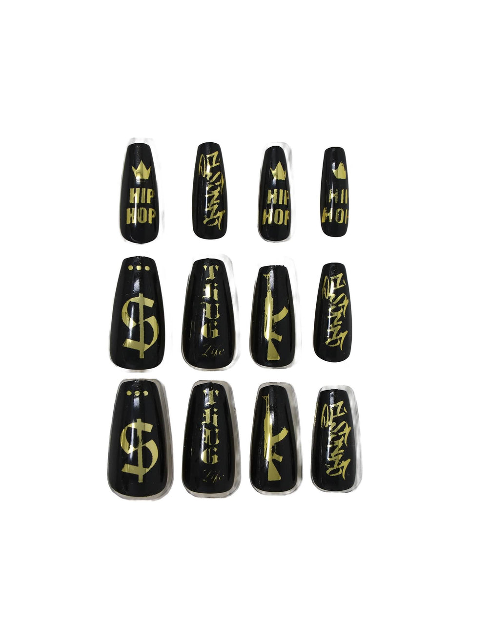Détail des motifs des faux ongles adhésifs gangsta
