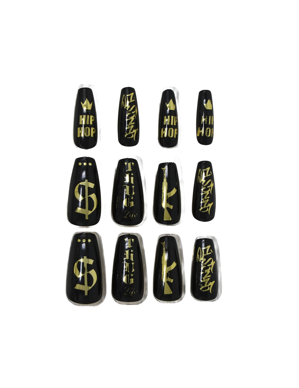 Détail des motifs des faux ongles adhésifs gangsta
