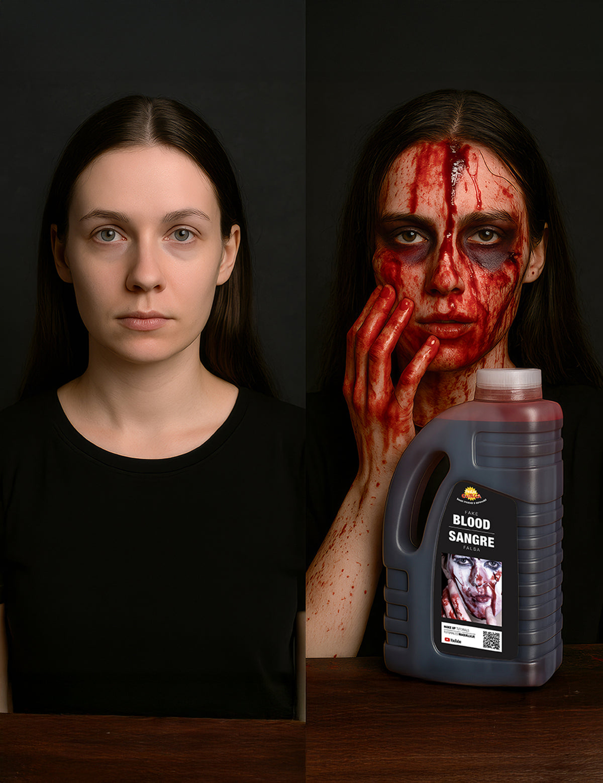 Comparaison avant et après application du faux sang Halloween