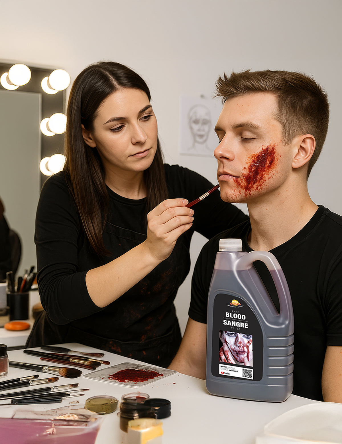 Application au pinceau sur le visage du faux sang Halloween pour adulte