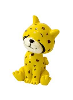 Figurină din rășină cu ghepard așezat, galbenă, cu pete maro
