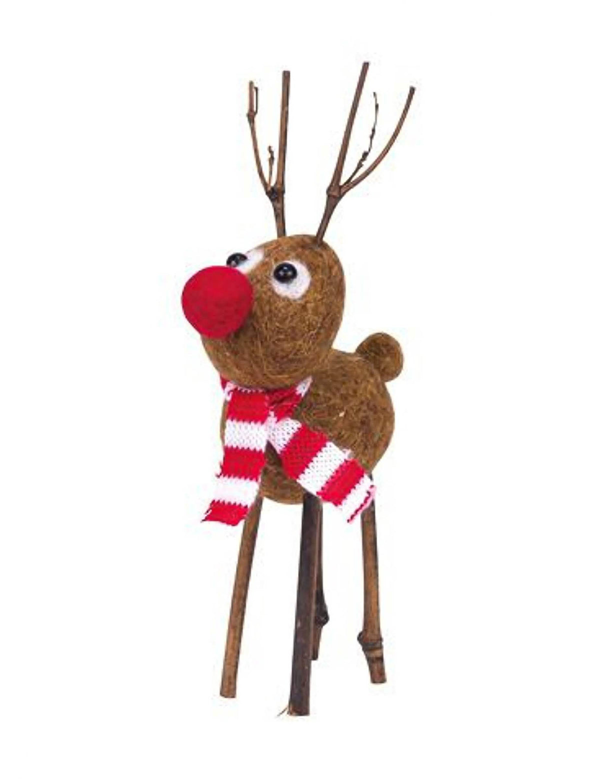 Figurină din lână fiartă renul Rudolph pentru decorațiune maro cu nas roșu și eșarfă dungată