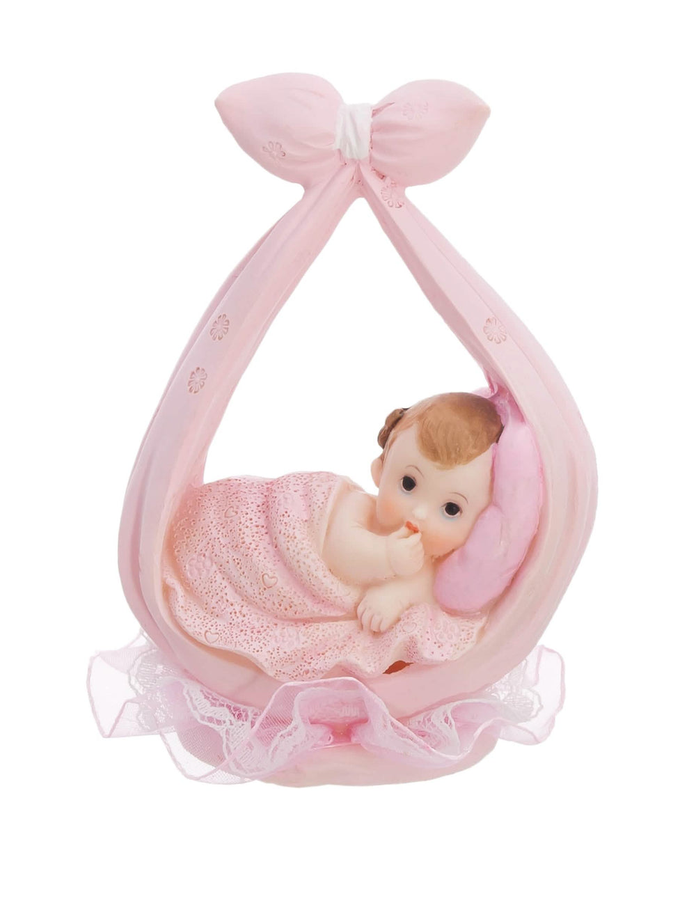 Figurină fată mică într-o eșarfă pentru botez roz