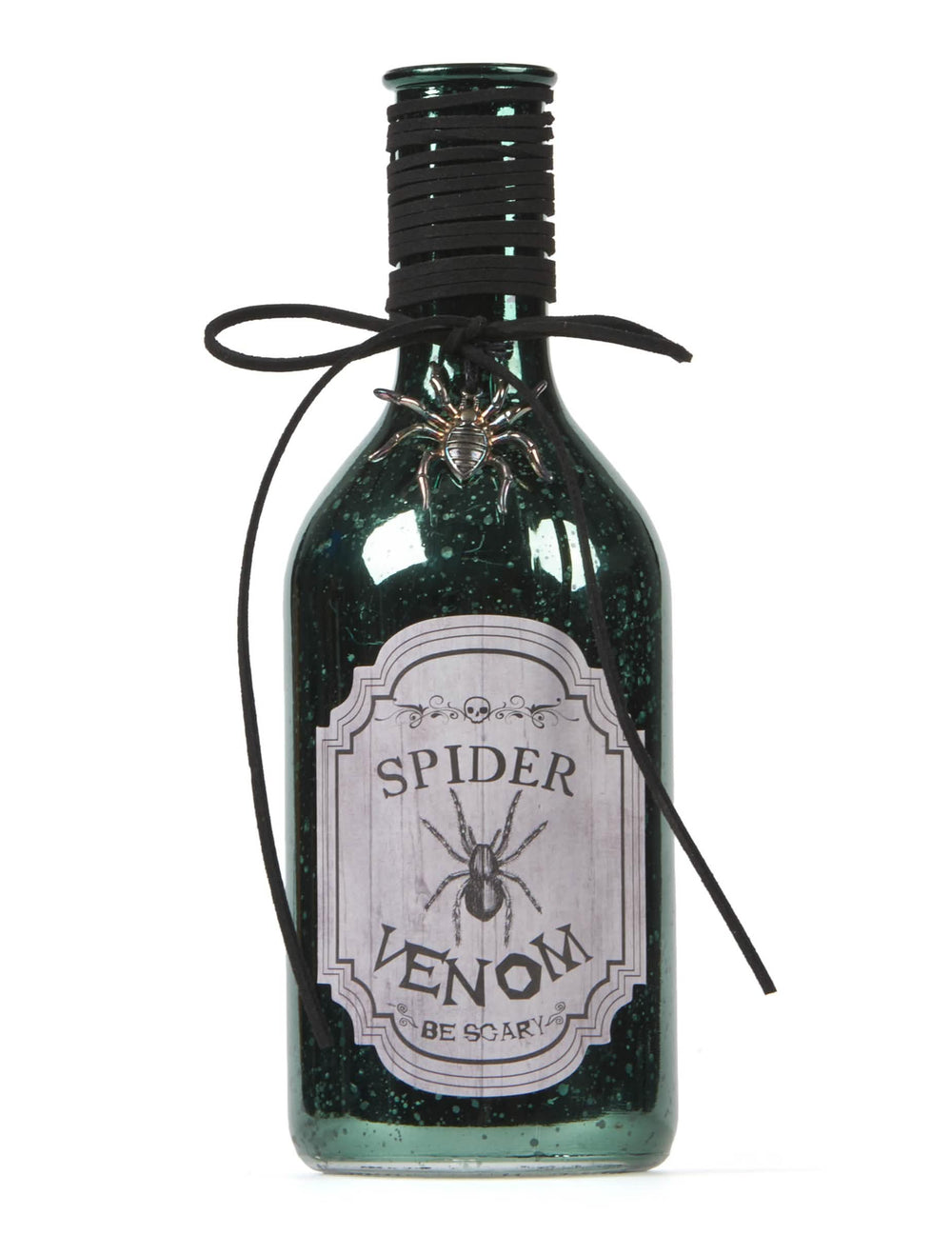 Fiole venin d'araignée pour décoration d'Halloween verte avec araignée en relief et cordon noir