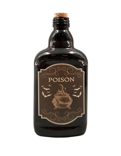 Flacon de poison pour Halloween noir avec étiquette chaudron et bouchon en liège