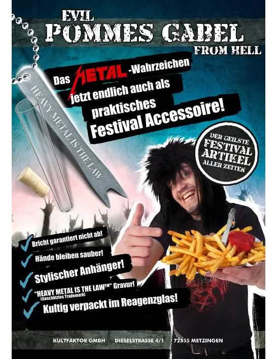 Furculiță pentru cartofi prăjiți heavy metal pentru adult argintie cu gravură