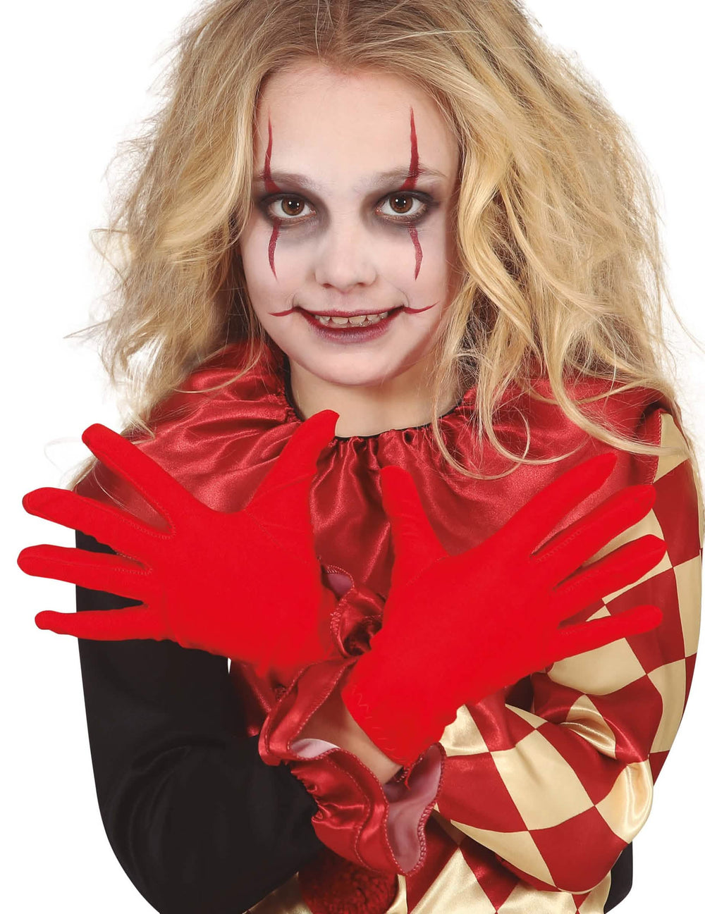 Vue portée des gants courts rouges pour enfant
