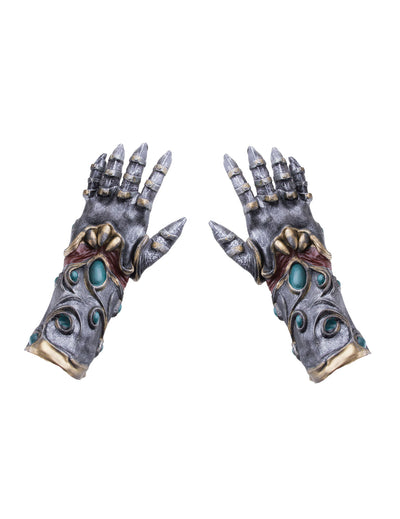 Gants de guerrier en latex pour adulte gris et or avec gemmes bleues