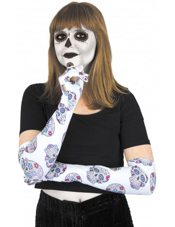 Mănuși albe lungi cu schelet colorat Dia de los Muertos