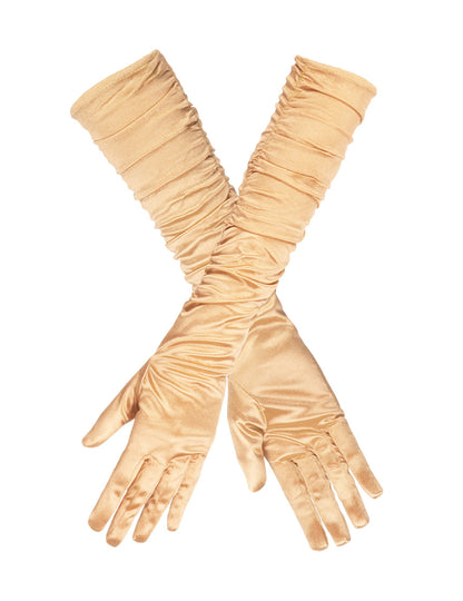 Femeie cu mănuși lungi din satin auriu