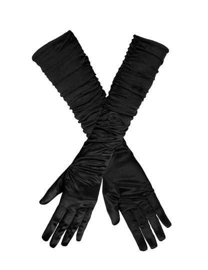 Vedere din unghi a mănușilor lungi din satin pentru femei