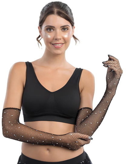 Vue portée des gants résille longs à strass pour adulte
