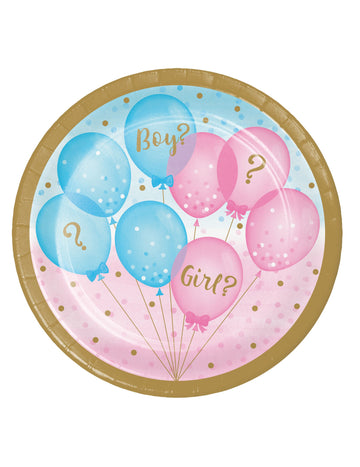 Assiettes en carton Gender reveal pour fête de naissance roses et bleues à bords dorés