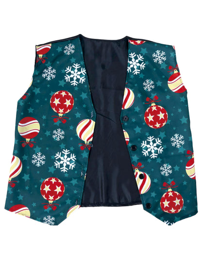 Vue de face à plat du gilet à motifs flocons et boules de Noël pour adulte