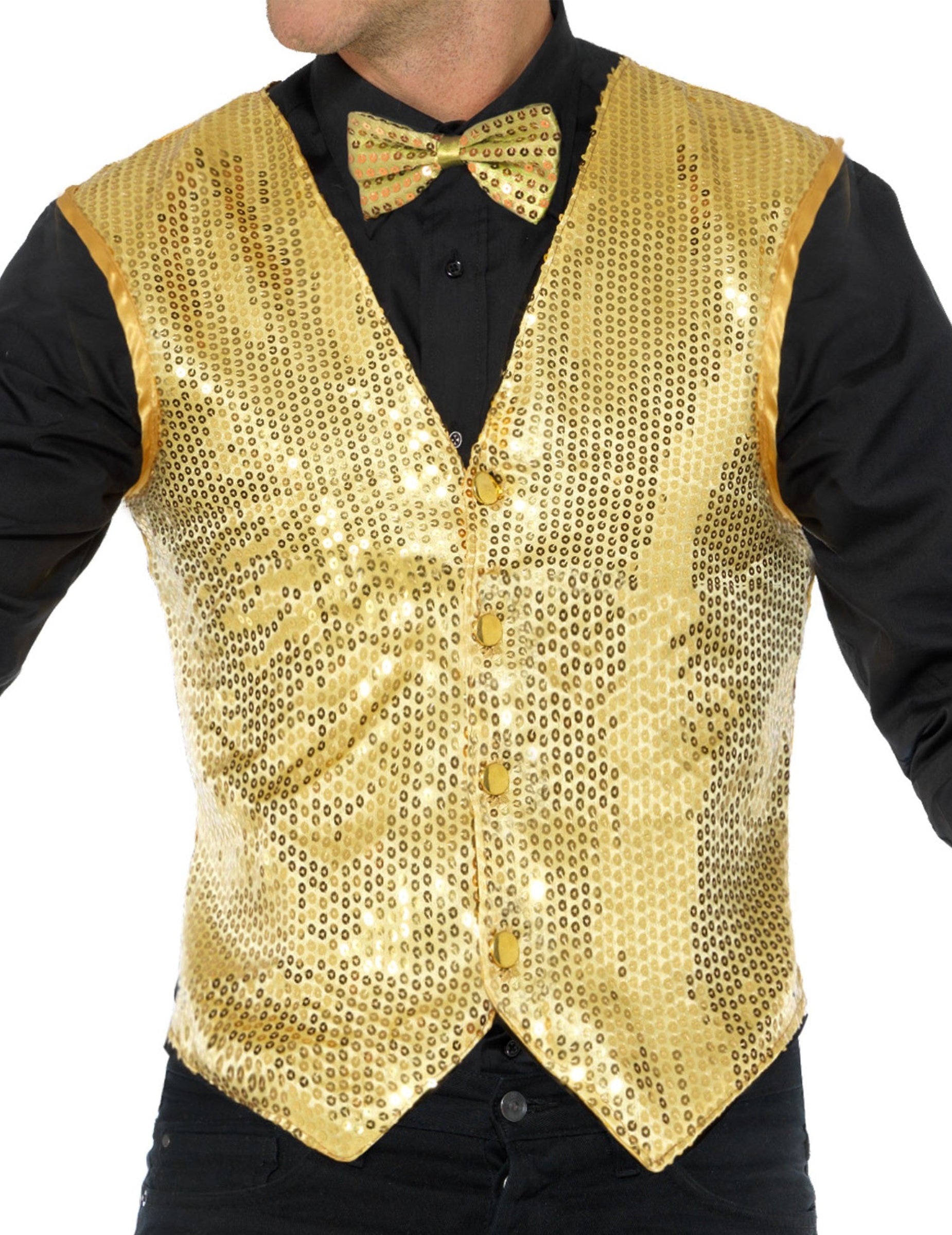Gros plan sur le gilet et le nœud papillon du gilet à sequins pour adulte or