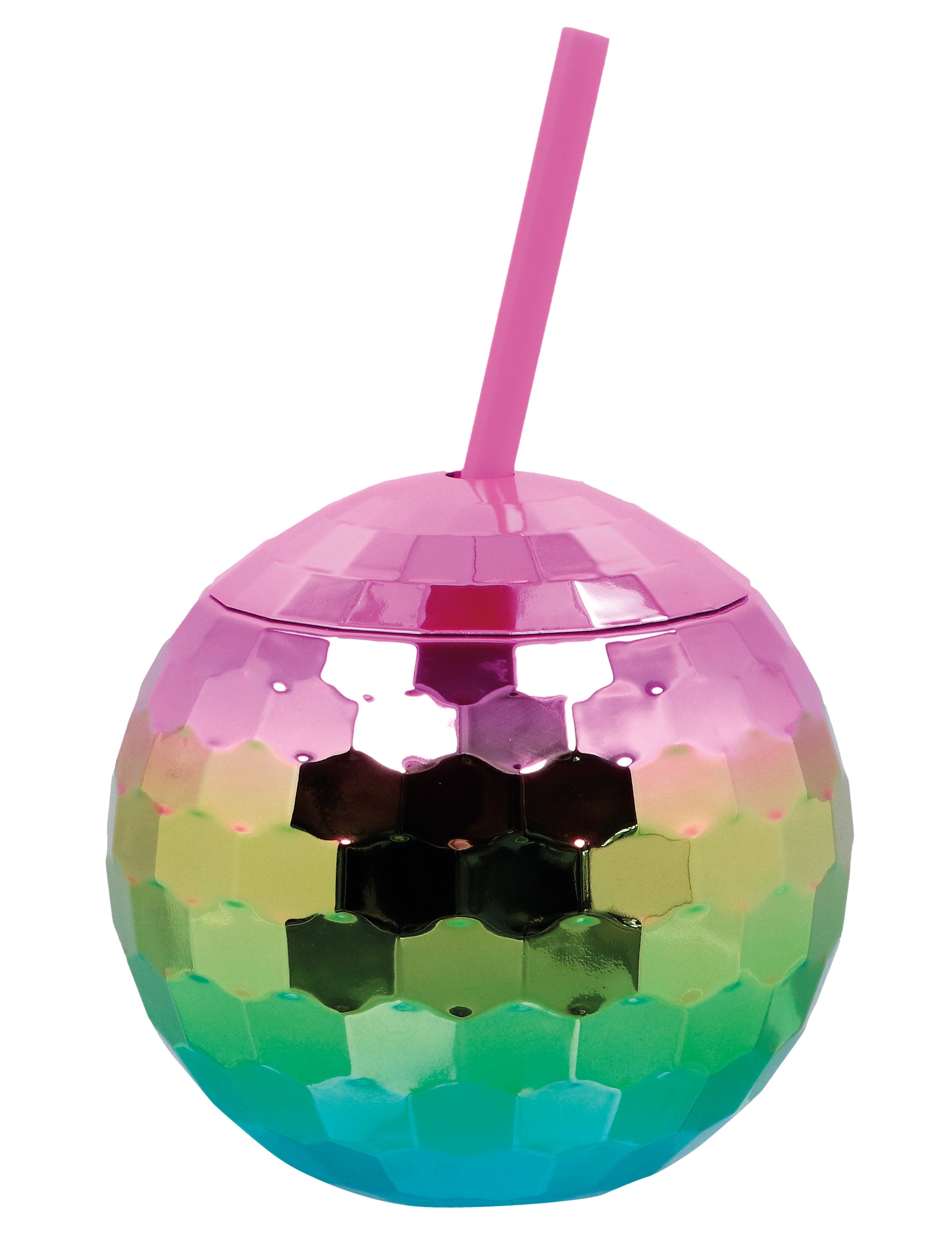Gobelet boule disco arc-en-ciel avec paille rose