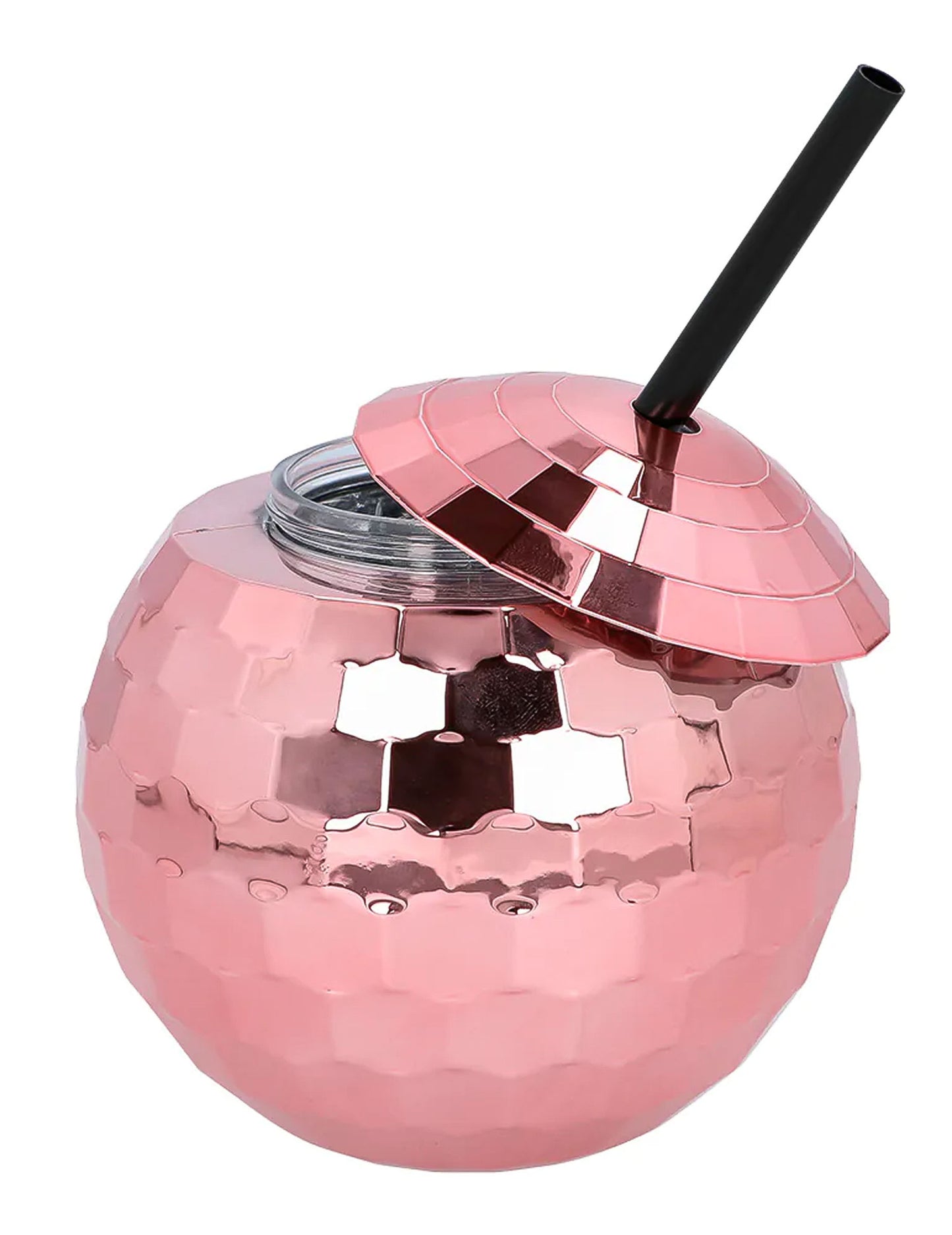Pahar cu bile de discoteca cu paie roz 650 ml