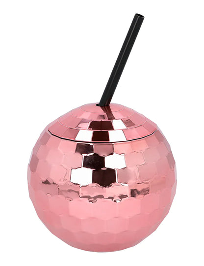 Pahar cu bile de discoteca cu paie roz 650 ml