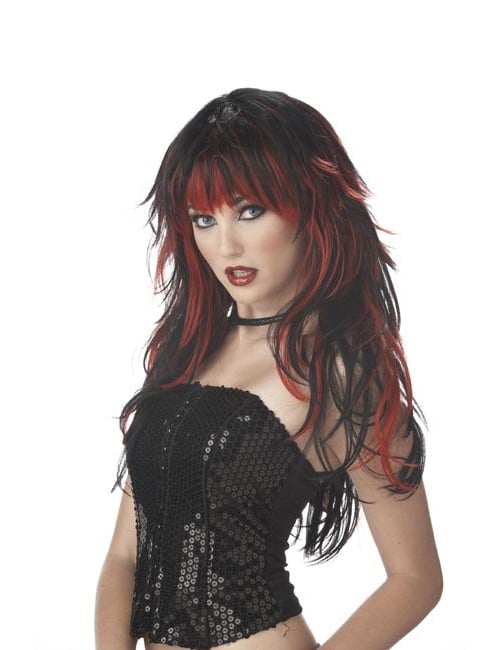 Perruque gothique pour femme noir et rouge longue et effilée