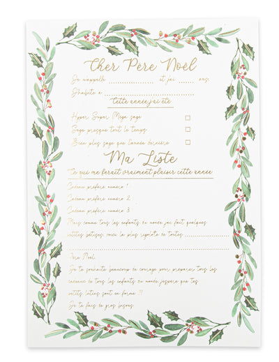 Lettre au Père Noël thème floral pour enfant blanc avec bordure de houx et écritures dorées