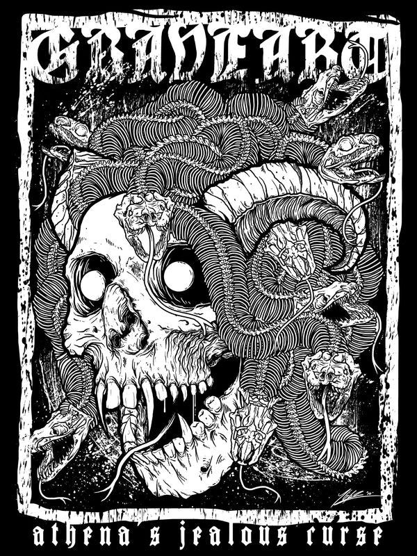 Détail de l'imprimé graphique avec crâne et serpents du haut tête de mort
