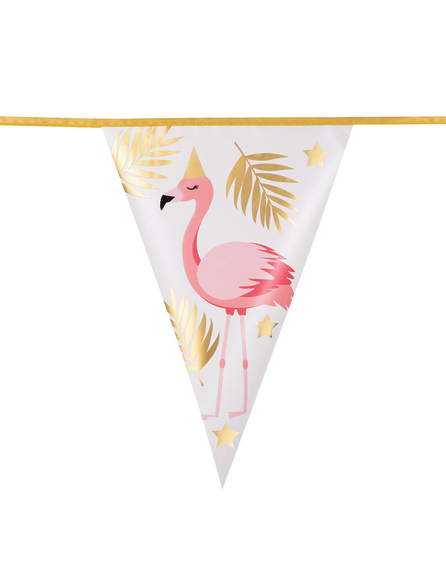 Détail d'un fanion avec motif flamant rose et feuilles dorées de la guirlande de fanions Flamant Tropic