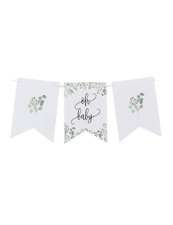 Gros plan sur les fanions de la guirlande de fanions Oh Baby végétal pour baby shower