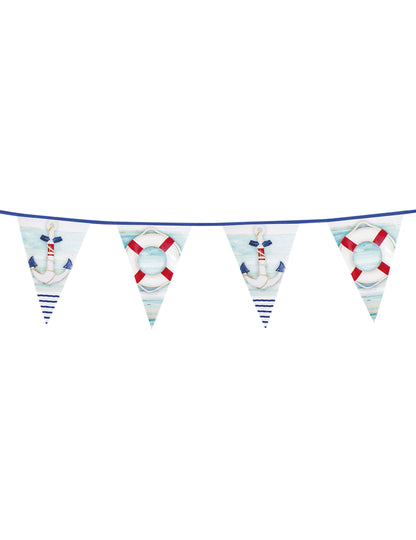Guirlande de 15 fanions marin bleu et blanc avec motifs d'ancres et de bouées