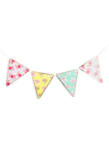 Guirlande de fanions tea time pour fête fleurie et dorée