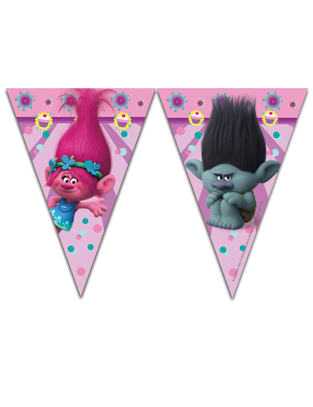 Guirlande 9 fanions Trolls pour enfant rose avec Poppy et Branche